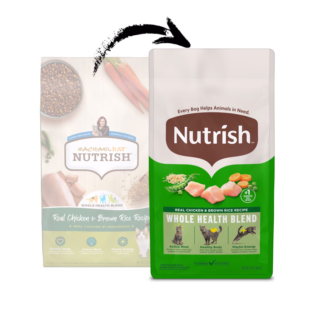 Nutrish™ Real Chicken & Brown Rice Recipe Whole Health Blend Dry Cat Food old and new packaging