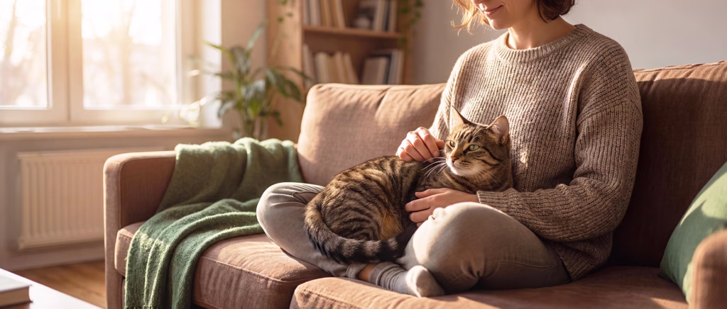 cat laying on woman's lap