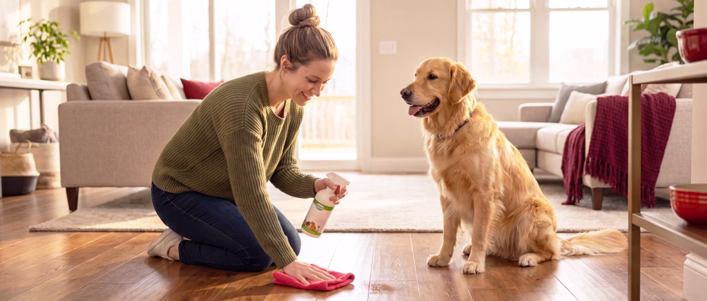 woman cleaning floor with dog sitting next to her