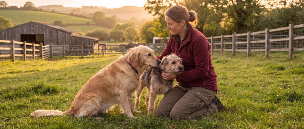 woman with dogs on farm