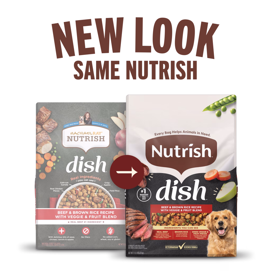 Nutrish Dish Beef & Brown Rice Recipe with Veggie & Fruit Blend Dry Dog Food old and new packaging