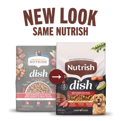 Nutrish Dish Beef & Brown Rice Recipe with Veggie & Fruit Blend Dry Dog Food old and new packaging