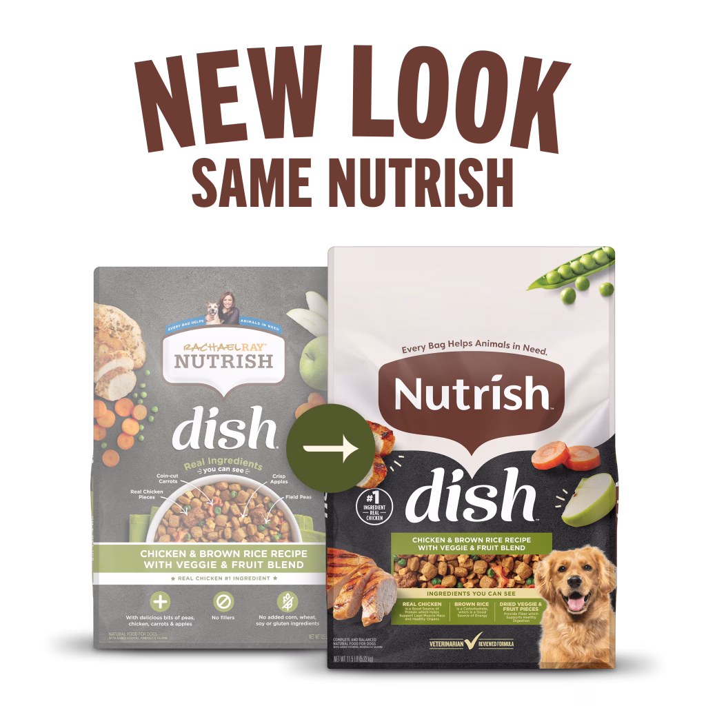 Nutrish Dish Chicken & Brown Rice Recipe with Veggie & Fruit Blend Dry Dog Food old and new