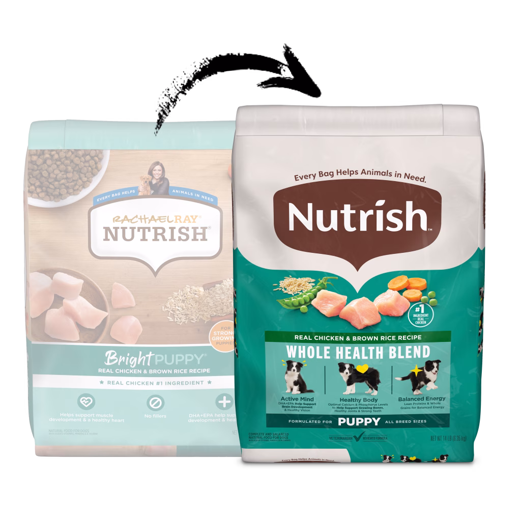 Nutrish Whole Health Puppy dog food old and new packaging