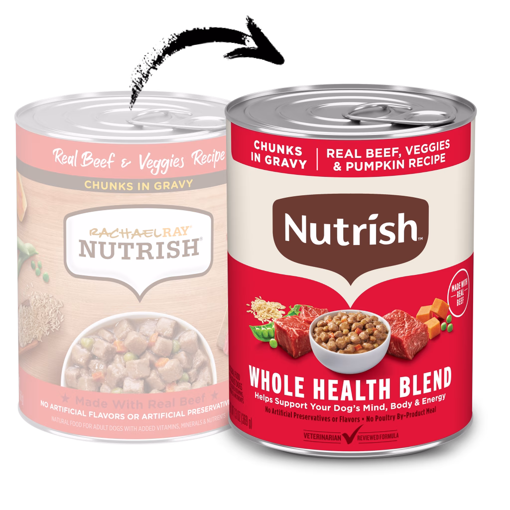 Old and new Whole Health Blend Real Beef and Veggies Chunks in Gravy wet dog food