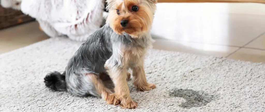 A dog sitting next to a urine spot on the rug