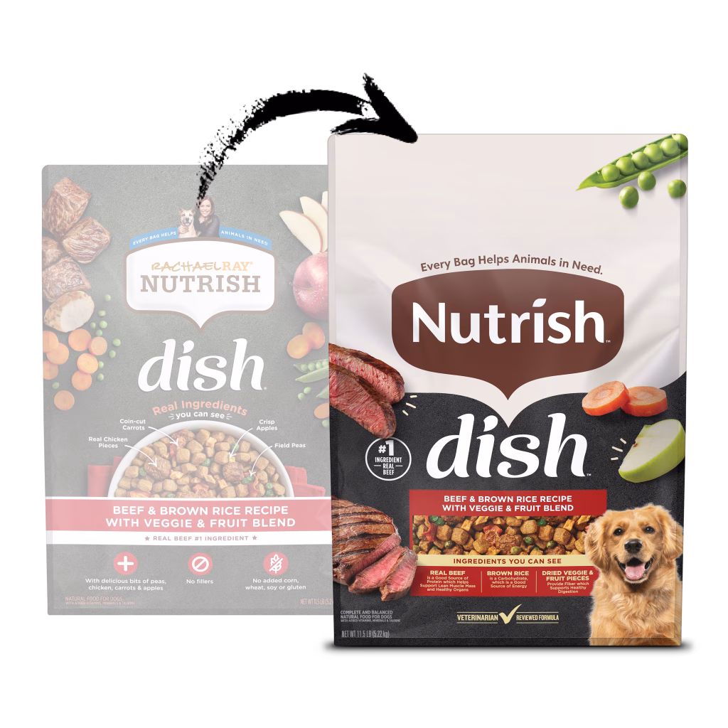 Nutrish Dish Beef & Brown Rice Recipe with Veggie & Fruit Blend Dry Dog Food old and new packaging