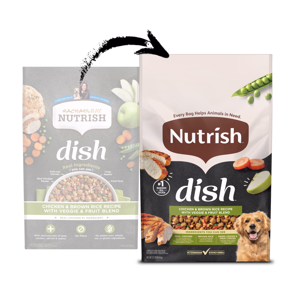 Old and new packaging for Nutrish Dish Chicken