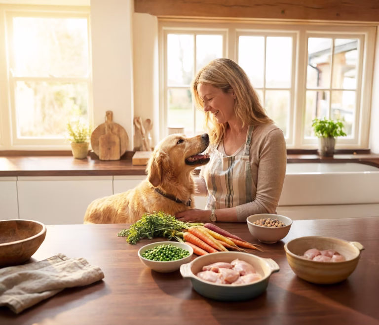 Woman and dog in kitchen