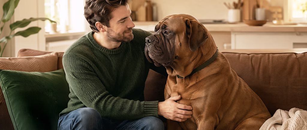 A pet owner sitting with a large dog