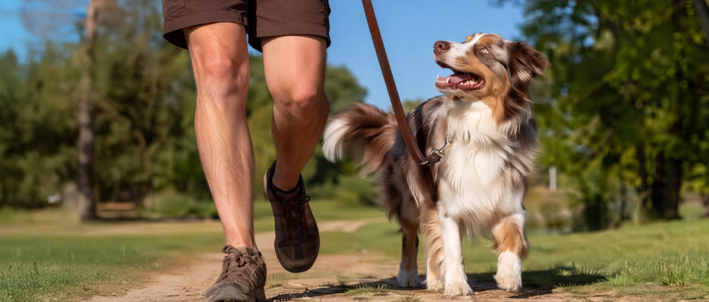 Dog walking outside with its owner