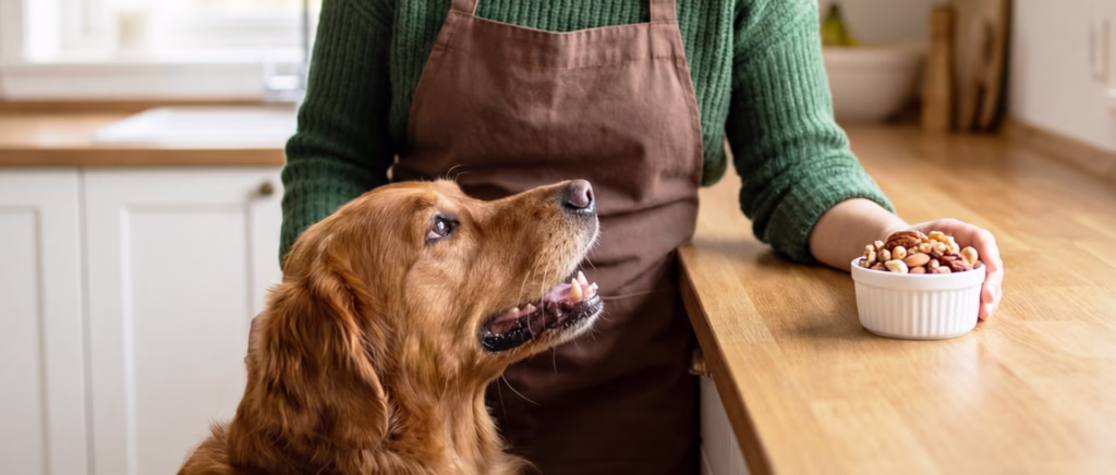 A dog looking a cup of nuts in a kitchen