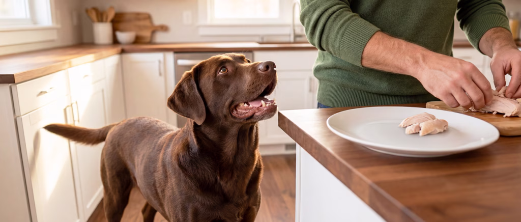 A dog in a kitchen with a person cutting up turkey meat