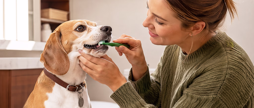 A woman brushing her dog's teeth with a toothbrush