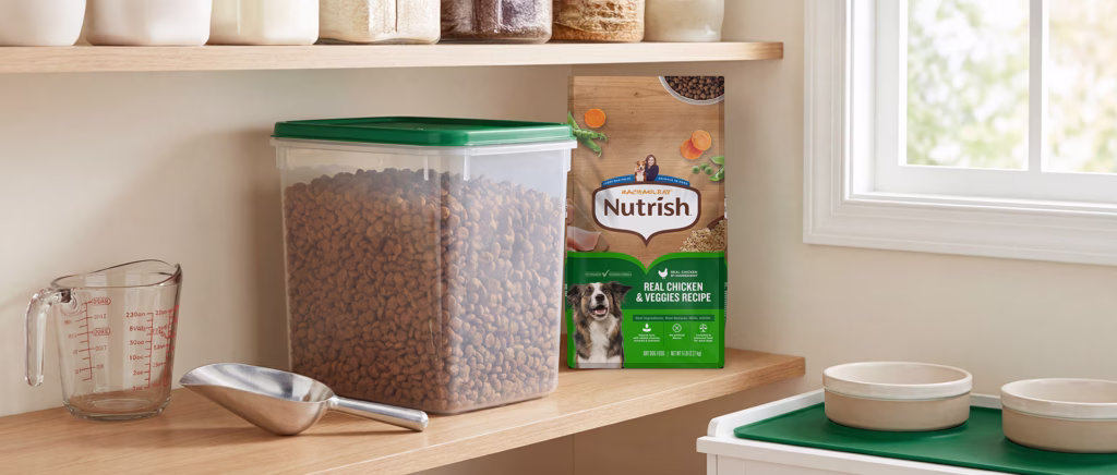 Nutrish dry dog food in a storage bin