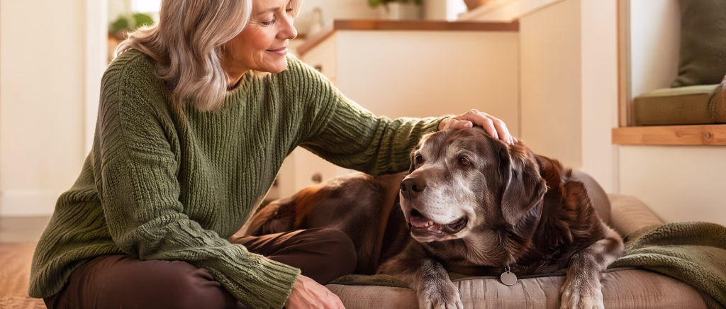 Women petting a senior aged dog