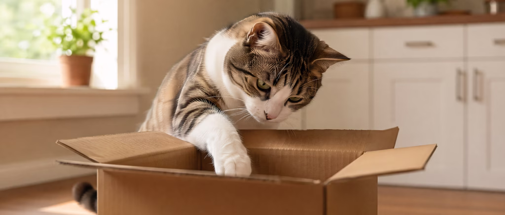 Cat playing with a cardboard box