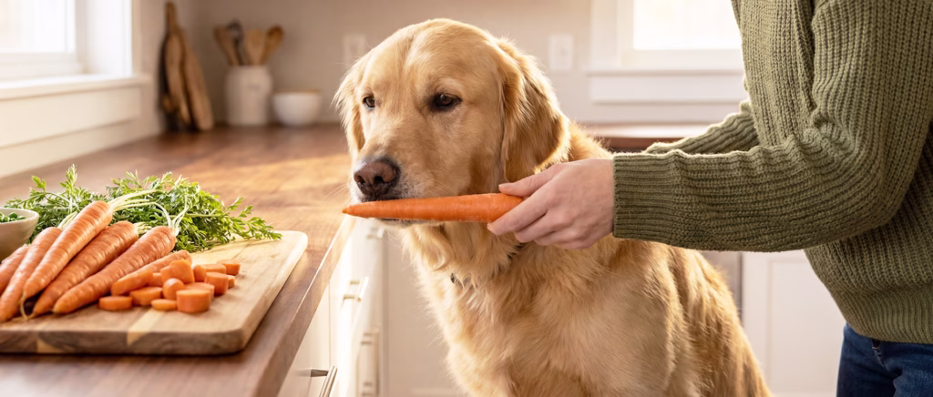 Dog sniffing a carrot