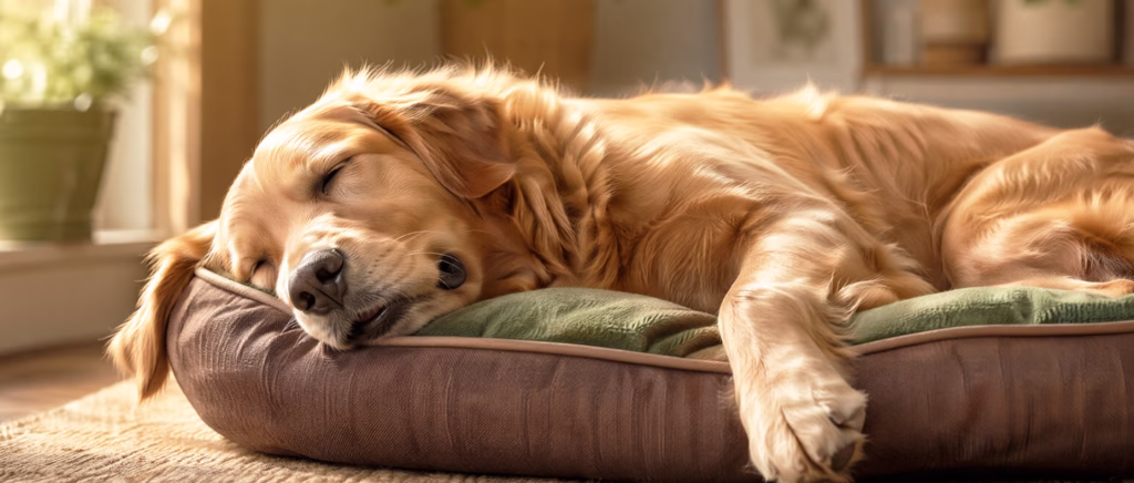 Dog sleeping on a dog bed