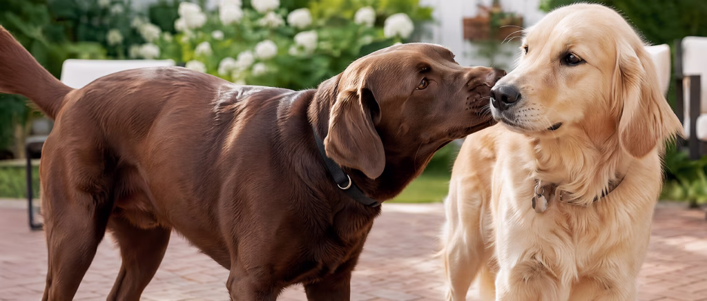 Dog sniffing another dog
