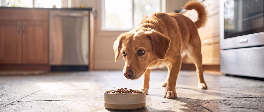 dog at food bowl